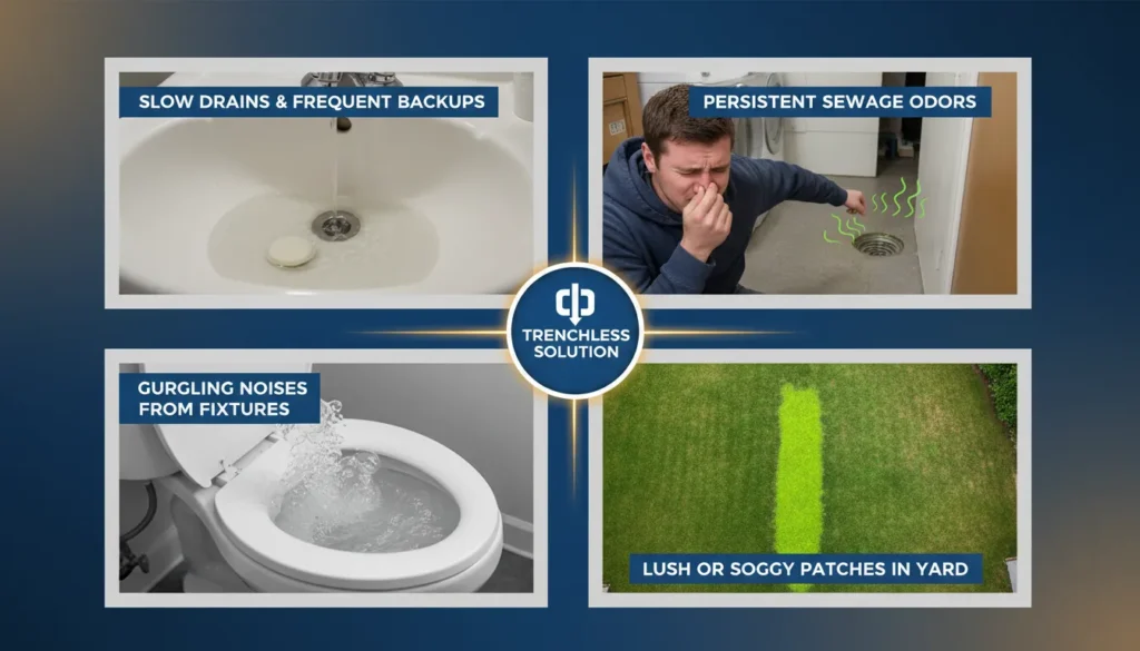 A diagnostic infographic showing common signs of sewer line failure including slow drains, sewage odors, gurgling toilets, and lush green patches in the yard, indicating a need for trenchless repair.