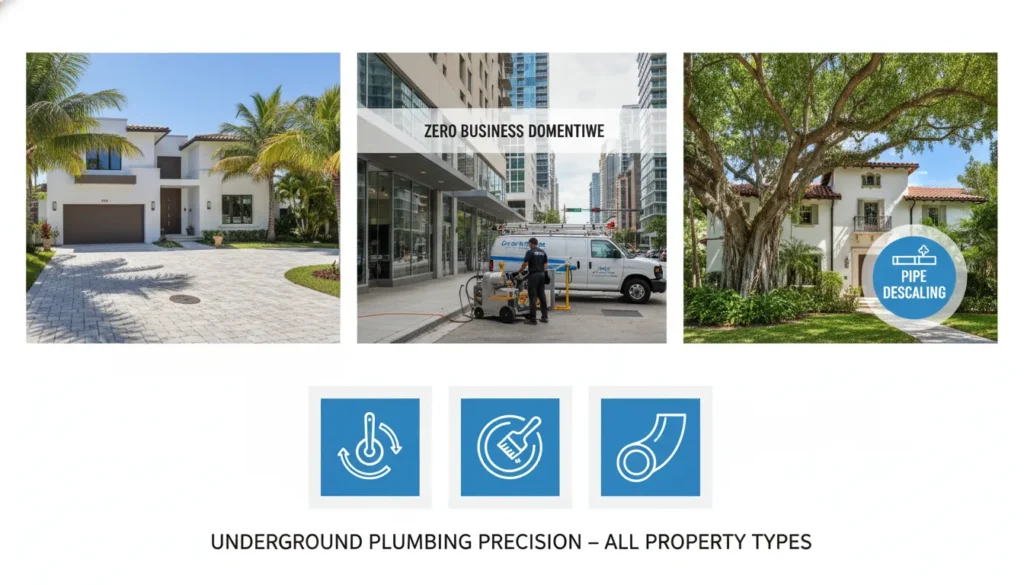 A professional photo collage showing trenchless pipe repair applications for a Miami residential home, a commercial building, and a historic estate, featuring no-dig technology icons.