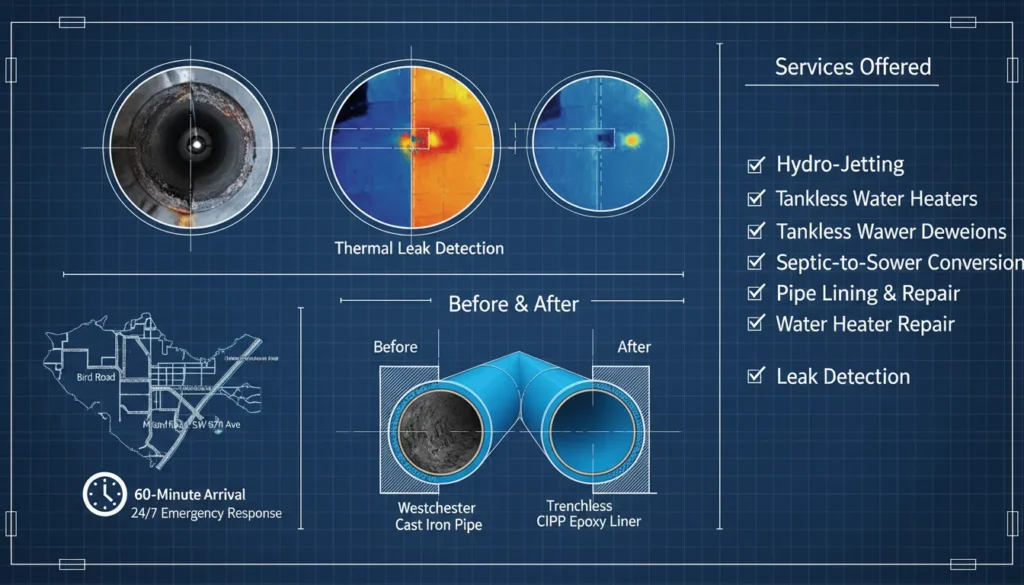 A professional engineering-grade plumbing service matrix for Westchester FL, showing technical solutions for leak detection, trenchless sewer lining, and emergency water stabilization for mid-century homes.