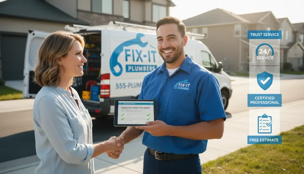 A professional plumber in a clean uniform shaking hands with a satisfied homeowner in front of a service van, symbolizing a completed pipe restoration project.