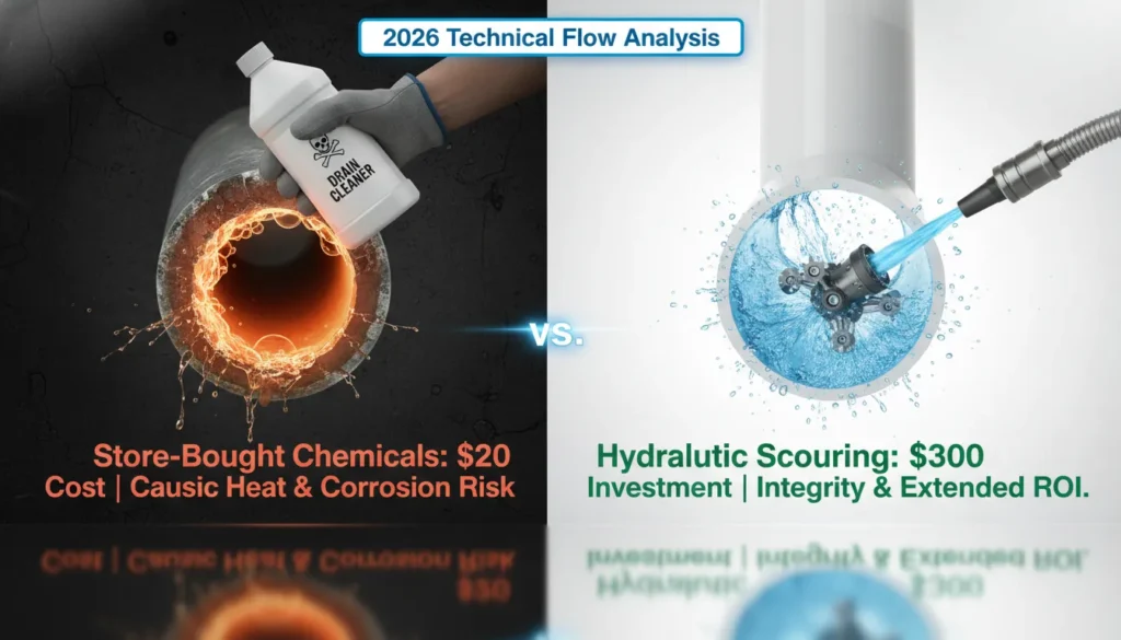 A high-end technical comparison of pipe damage caused by acidic drain cleaners versus the restoration of flow achieved by professional high-pressure hydro-jetting, including 2026 cost estimates.
