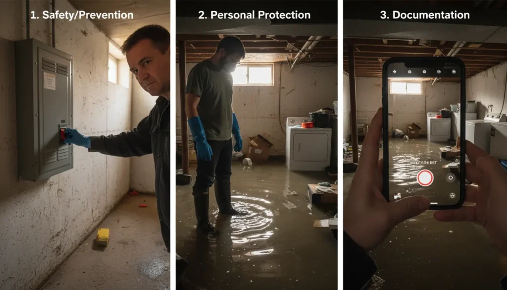 A comprehensive emergency checklist showing a person safely turning off a main power breaker, wearing protective rubber boots, and photographing standing water in a flooded basement.