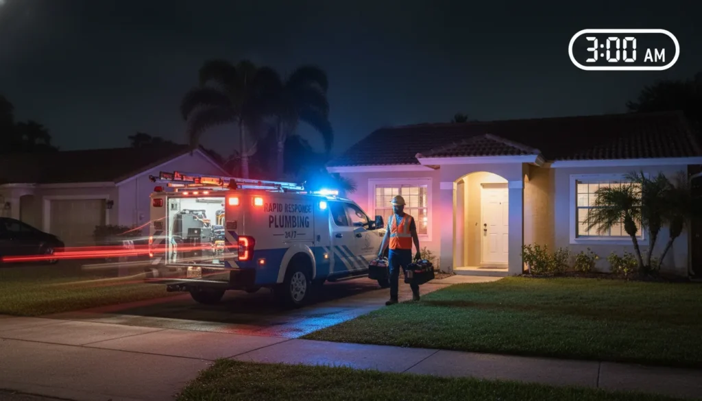 A professional service truck dispatched for a 24-hour emergency plumbing repair in a Sweetwater, Florida residential neighborhood at night, showing rapid response capabilities.