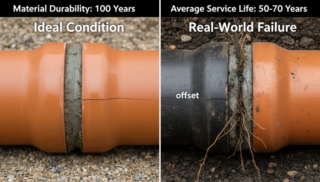 A side-by-side comparison of a new vitrified clay sewer pipe section versus an 80-year-old clay pipe showing structural cracks and joint separation due to soil shifting.