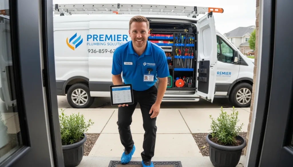 A clean, uniformed Ez Plumbing technician wearing protective shoe covers and a visible ID badge, standing next to an organized service vehicle while holding a digital tablet for transparent invoicing.