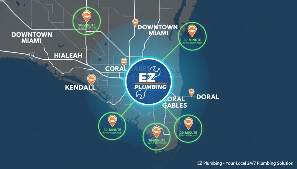 A detailed service area map of Miami-Dade County highlighting key plumbing service locations including Miami Beach, Coral Gables, Doral, and Kendall.