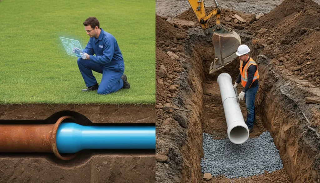 A high-definition comparative visual showing photorealistic cross-sections of trenchless pipe lining versus traditional excavation for residential sewer line repair.