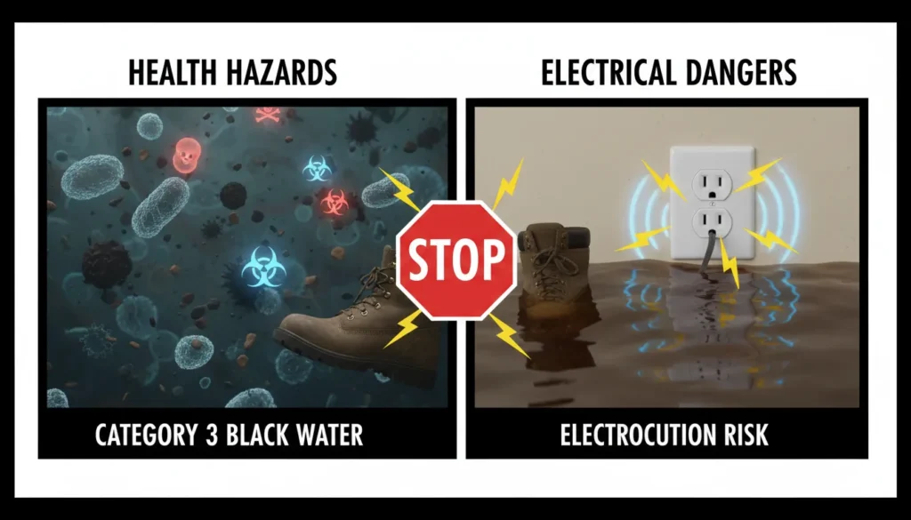 A split-view safety diagram showing the hidden dangers of floodwater, including Category 3 toxic contamination risks and submerged electrical outlet hazards.