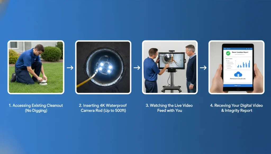 An infographic showing the professional 4-step sewer inspection process: cleanout system access, 4K camera insertion, real-time video analysis with the homeowner, and digital structural reporting.