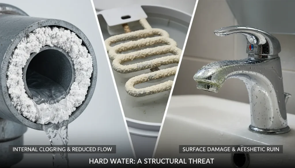 A side-by-side comparison showing heavy white limescale buildup inside a copper water pipe and crusty mineral deposits on a bathroom faucet caused by Miami's hard water.