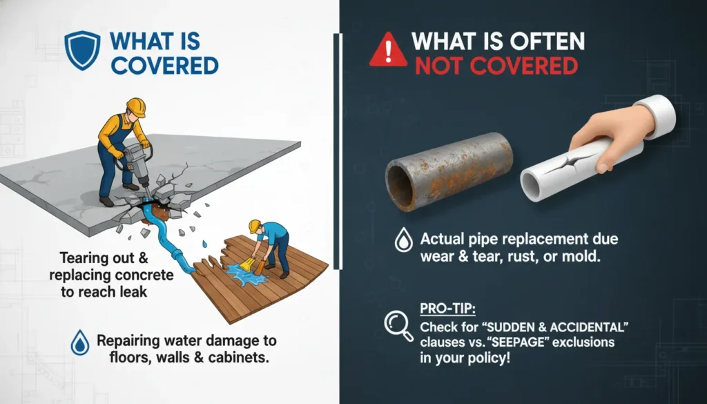 A detailed infographic explaining homeowners insurance coverage for slab leaks, highlighting the difference between covered access costs and non-covered pipe repairs with a claim checklist.