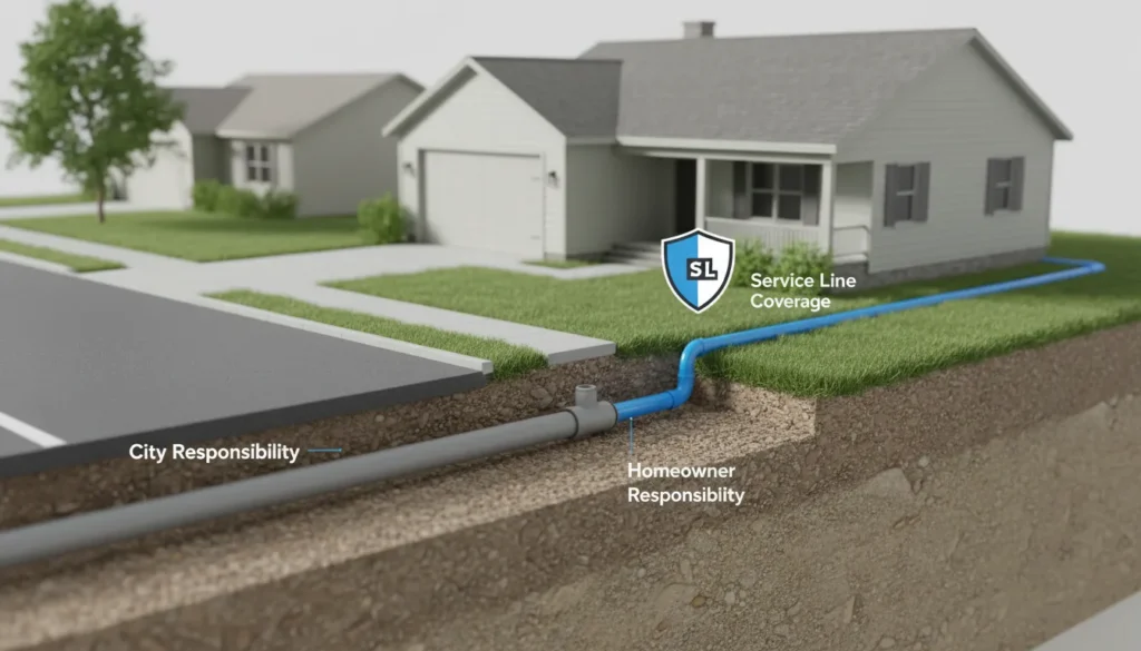 A professional diagram showing the boundary between city-owned sewer lines and homeowner-owned service lines for insurance purposes.