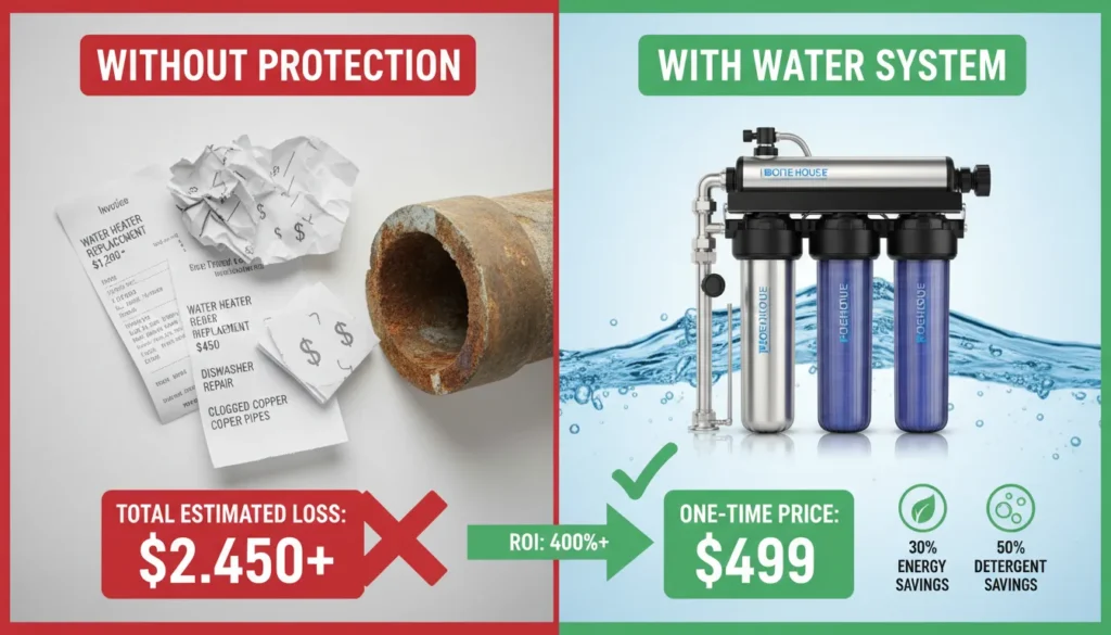 A side-by-side financial comparison graphic showing the long-term costs of appliance repairs and plumbing damage versus the one-time investment in a water filtration system.