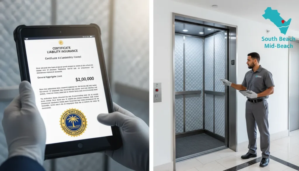 A professional Miami Beach plumber in a high-rise utility room presenting a Certificate of Insurance (COI) and digital permits, with a background showing a South Beach condo hallway and service elevator.