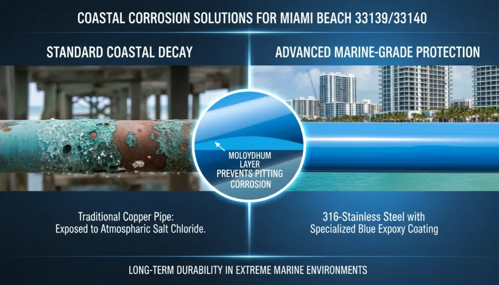 Professional comparison of a saltwater-corroded copper pipe versus a 316-stainless steel marine-grade pipe with epoxy coating, illustrating coastal plumbing protection.