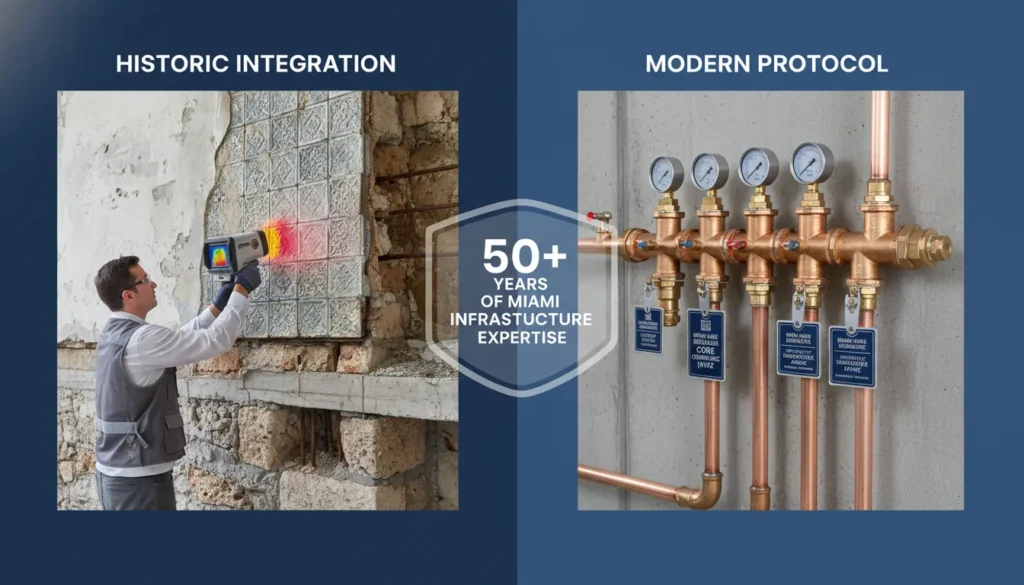 Professional plumbing diagnostic showing infrared thermal leak detection on a historic Miami coral rock foundation and modern HVHZ-compliant pipe integration.