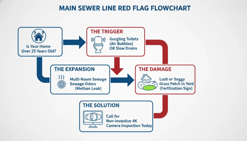 A flowchart showing the logical signs you need a sewer camera inspection in Miami: aging home to gurgling toilets, sewage odors, and lush grass, culminating in a 4K video diagnostic.