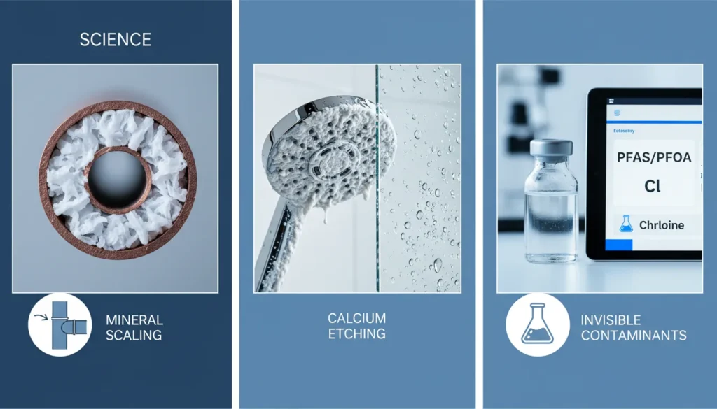A professional high-contrast comparison showing a cross-section of a mineral-clogged copper pipe versus a clean one, alongside a laboratory water analysis report highlighting PFAS and hardness levels.