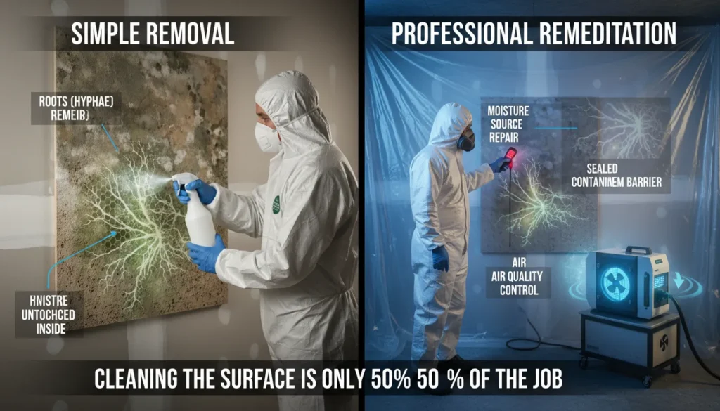 A comparative infographic showing the difference between surface mold removal and professional environmental remediation, highlighting air filtration, containment, and root-cause moisture repair.