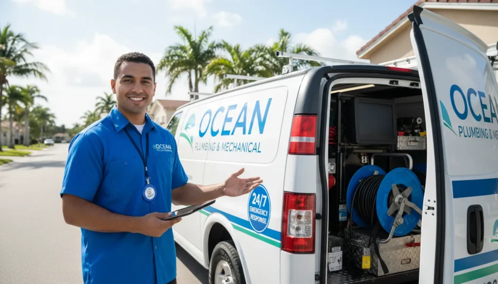 A professional, uniformed North Miami plumber standing next to a fully equipped service truck, holding a tablet and smiling, ready for a residential dispatch in South Florida.