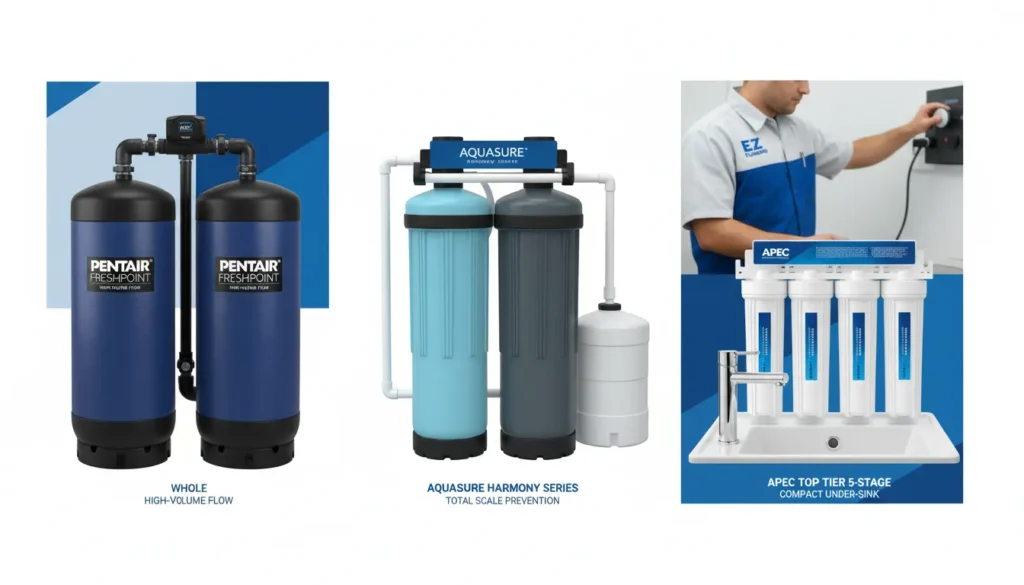Side-by-side comparison of three professional water systems: a heavy-duty Pentair whole-house unit, an Aquasure Harmony softener bundle, and an APEC 5-stage reverse osmosis system, being inspected by an EZ Plumbing technician in a blue and white uniform.