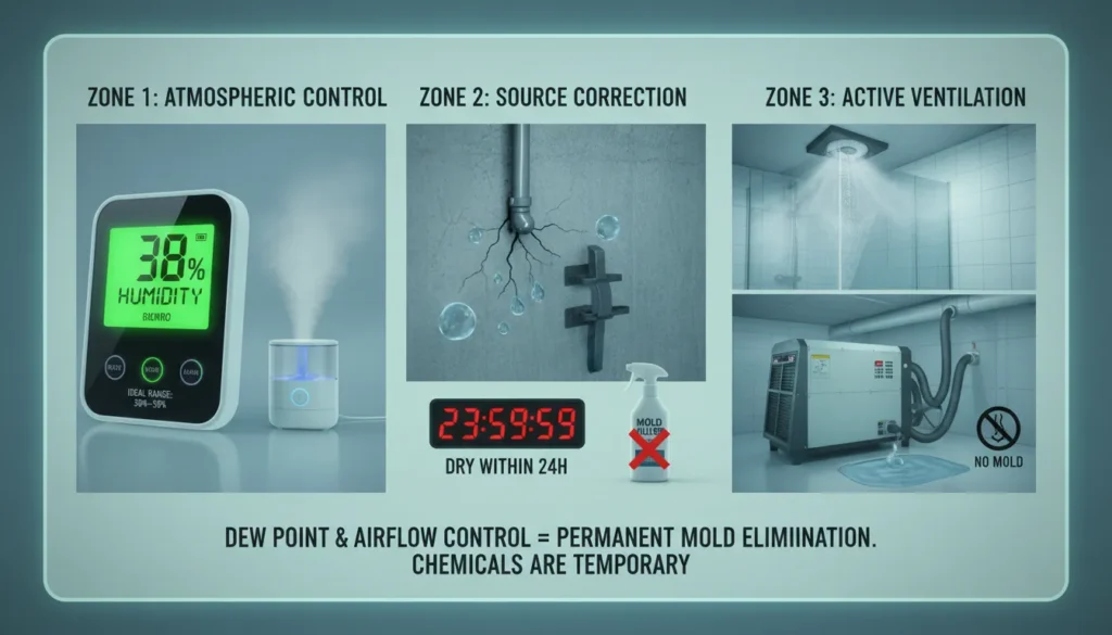 A visual guide to permanent mold prevention showing indoor humidity levels between 30-50 percent, proper bathroom ventilation, and a technician using a dehumidifier to control air moisture.
