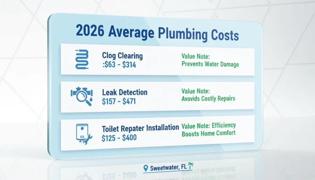 A professional pricing infographic displaying average 2026 plumbing costs in Sweetwater, Florida, including drain cleaning, leak detection, and water heater installation prices.