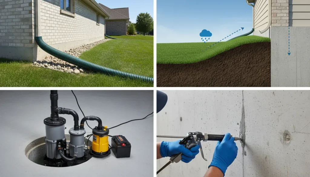 A comprehensive visual guide showing outdoor and indoor basement flood prevention techniques, including gutter maintenance, foundation grading, and a backup sump pump installation.