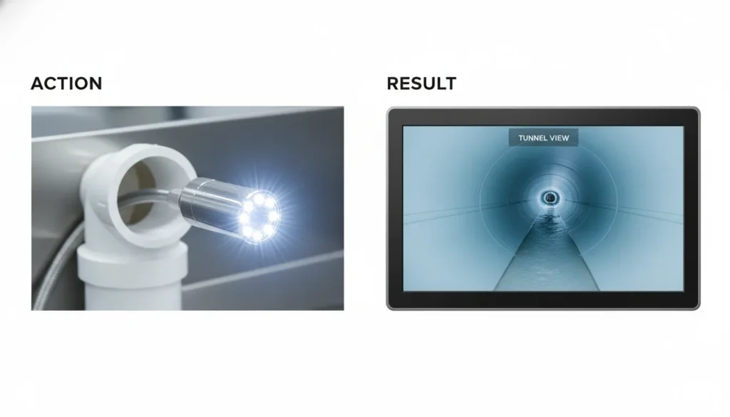 A high-definition fiber-optic sewer line camera being used for a non-invasive residential pipe inspection.