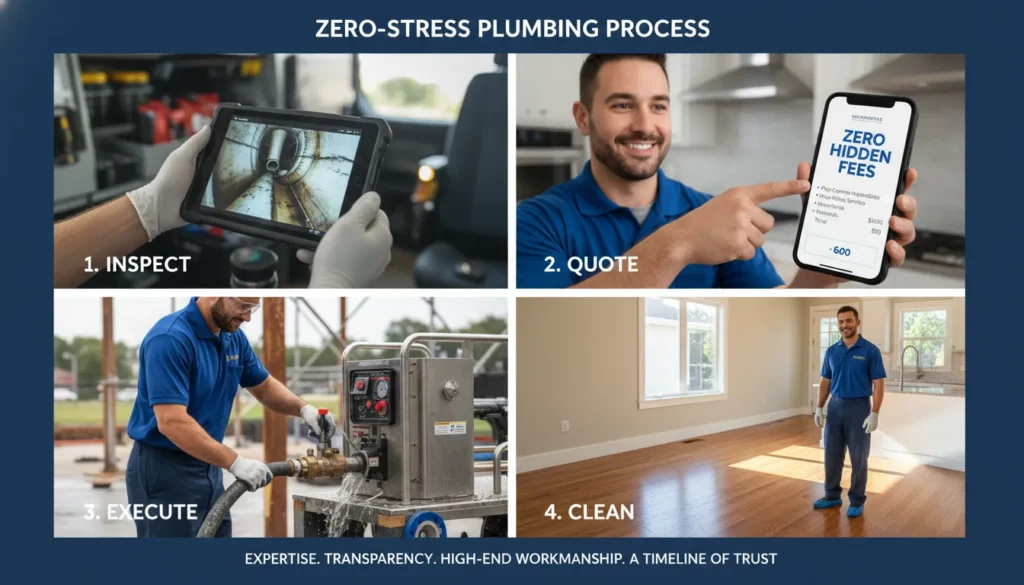 A professional plumber in Kendall performing a 4-step restoration process including HD camera inspection, upfront digital quoting, and high-pressure hydro-jetting with a clean workspace setup.