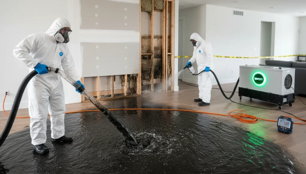 Professional restoration technicians in full-body white biohazard PPE suits and N95 respirators using industrial vacuum extraction pumps to remove raw sewage (Blackwater) from a flooded residential floor.