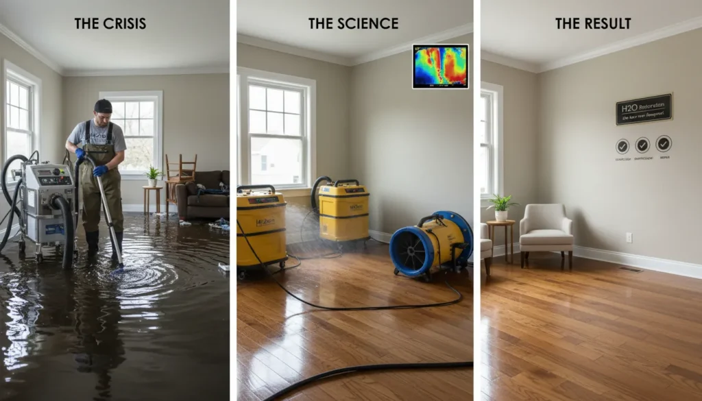 A professional water damage restoration technician using a high-volume industrial extractor on a flooded floor, transitioning into a fully dried and restored residential living room.