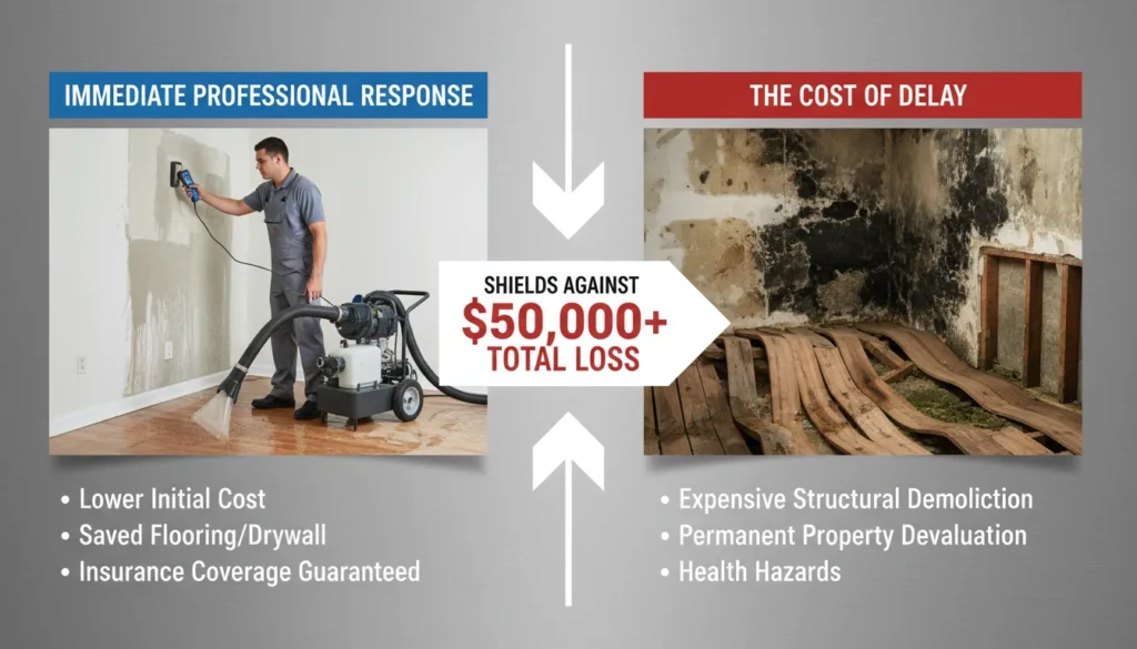 A side-by-side visual comparison showing the low cost of immediate professional water extraction versus the high expense of structural repairs and mold remediation caused by delayed action.