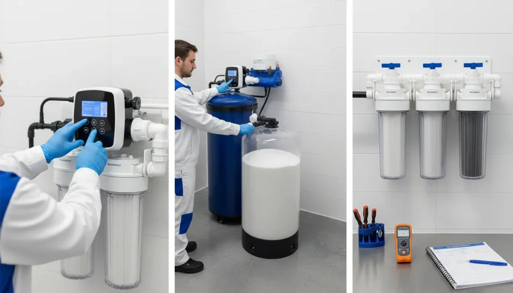 A professional technician performing a system check on a digital water softener control valve while inspecting brine tank salt levels and reverse osmosis filter stages