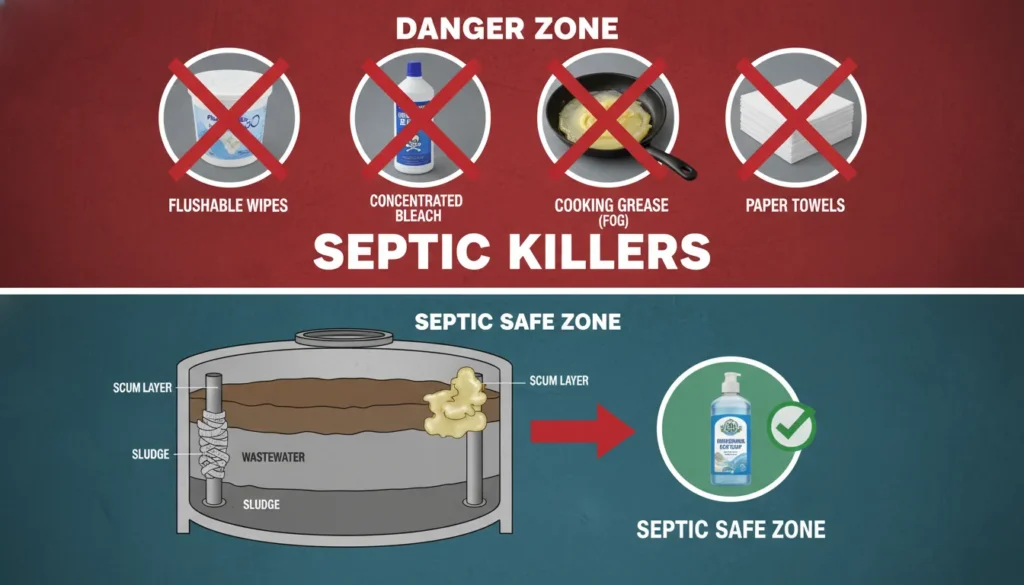 A professional educational infographic showing a red 'X' over common household items like flushable wipes, grease, bleach, and feminine products, placed above a cross-section of a septic tank inlet.