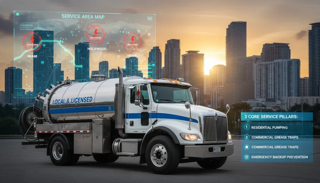 A professional septic service map and service truck covering Miami, Fort Lauderdale, and Hollywood, showing rapid dispatch zones for emergency pumping and tank cleaning.