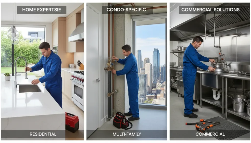 A montage of a professional plumber providing expert service across three settings: a luxury home kitchen, a high-rise condo bathroom, and a commercial restaurant kitchen.