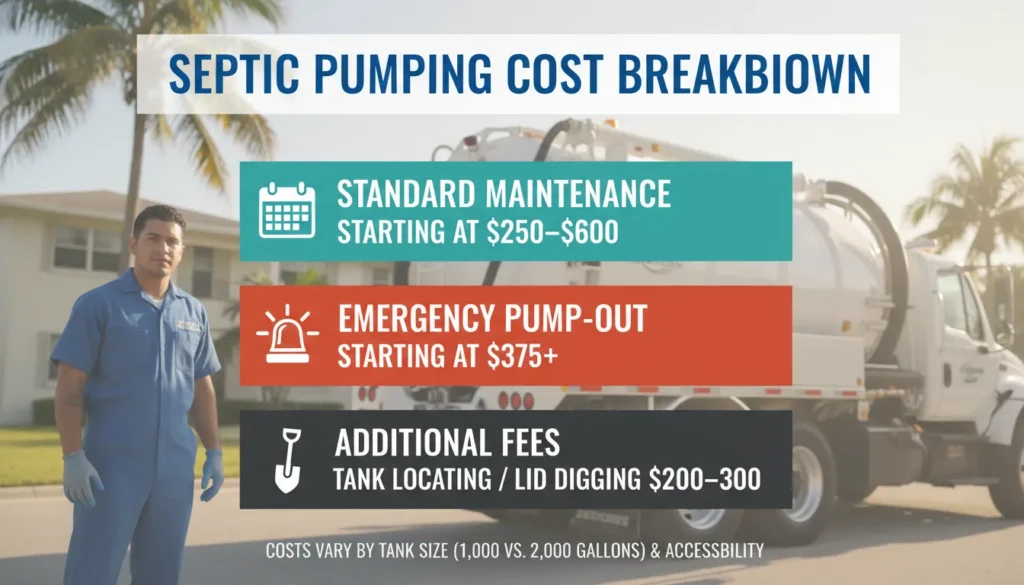 A professional pricing comparison infographic for septic tank pumping in Miami and Broward, displaying average costs for standard pump-outs, emergency services, and tank locating fees.