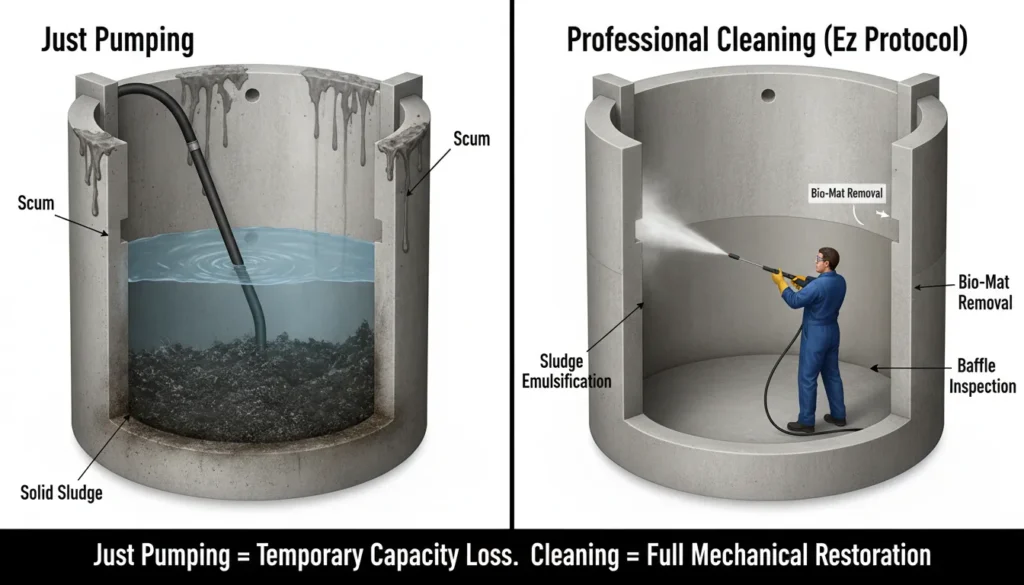 A split-screen comparison showing a standard septic pump-out leaving sludge behind versus a professional cleaning that uses high-pressure water jetting to scrub tank walls and remove 100% of solid waste.