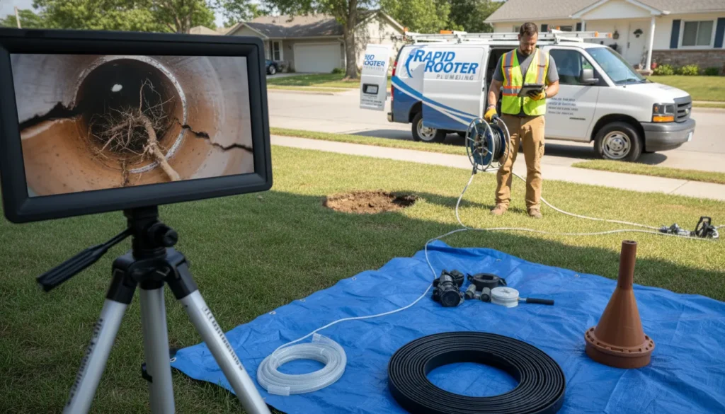 A professional plumber performing a CCTV sewer camera inspection on a front lawn, showing a real-time monitor of a cracked pipe caused by tree roots, with repair tools and a service van in the background.