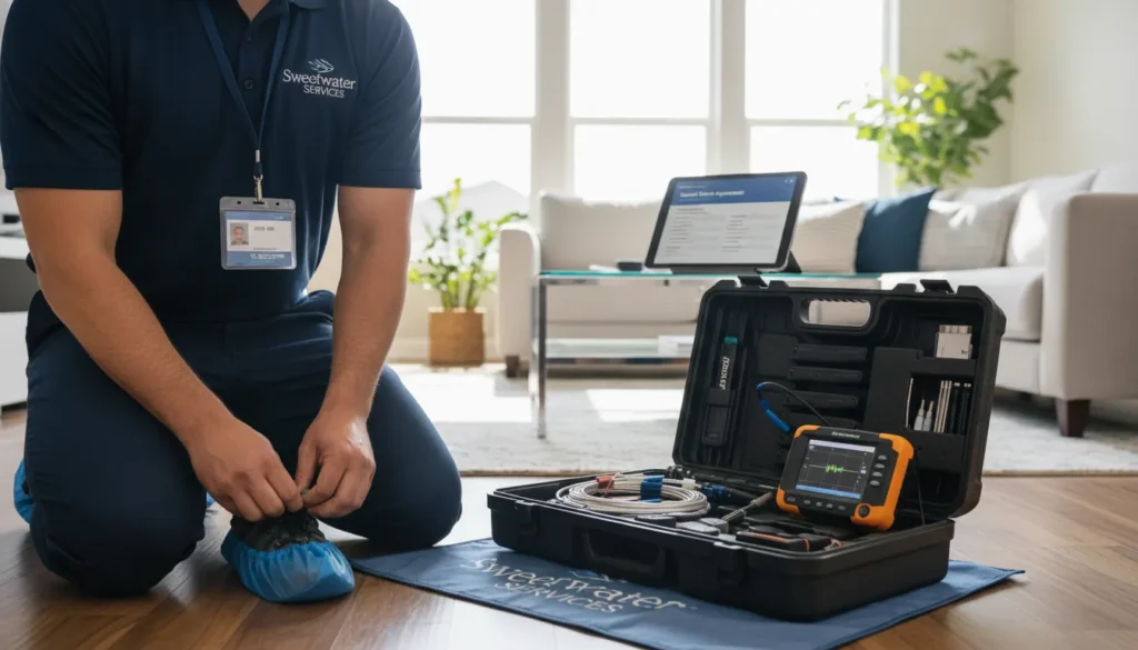 A clean, uniformed plumbing expert in Sweetwater, FL, wearing protective shoe covers and using high-tech diagnostic equipment inside a well-maintained home.