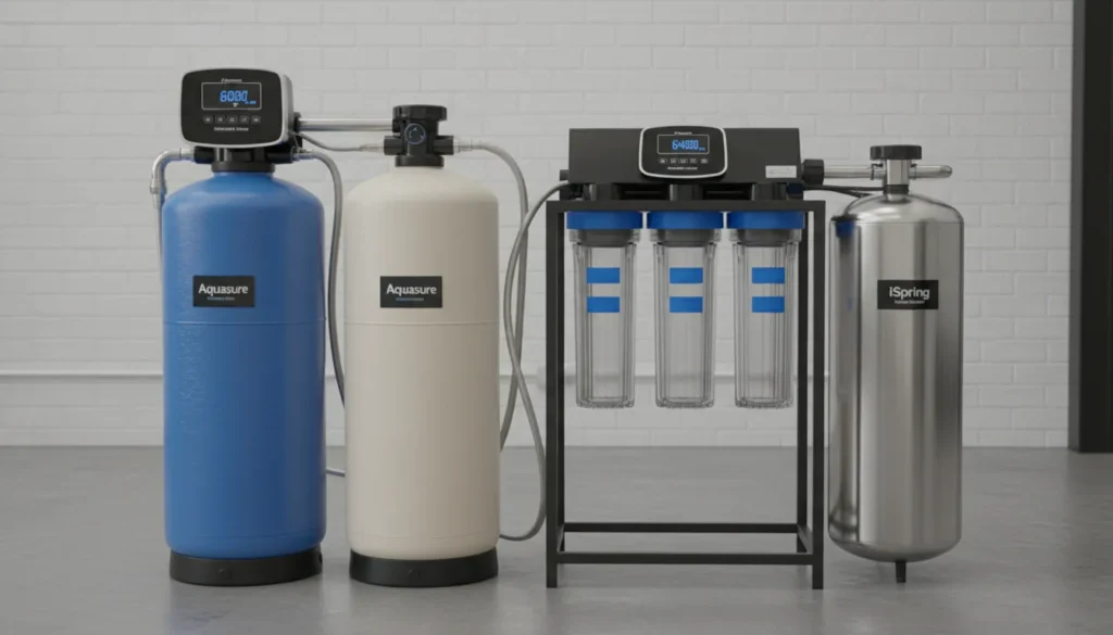 A professional display of leading water filtration systems including Aquasure Harmony and iSpring whole-house water softeners, showcasing diverse filtration tank sizes and digital control valves.