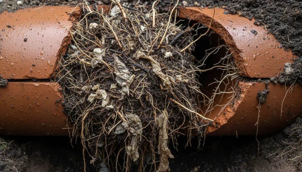 A cross-section photograph of a clay sewer pipe filled with a dense, "ponytail" mass of fine tree roots that have entered through a joint, completely obstructing water flow.
