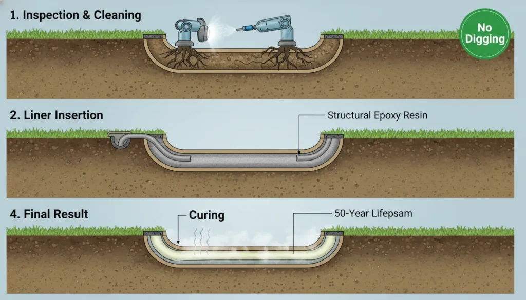 A step-by-step visual guide of the Cured-In-Place Pipe (CIPP) lining process, showing a resin-saturated liner being inserted and cured inside a damaged underground sewer line without excavation.