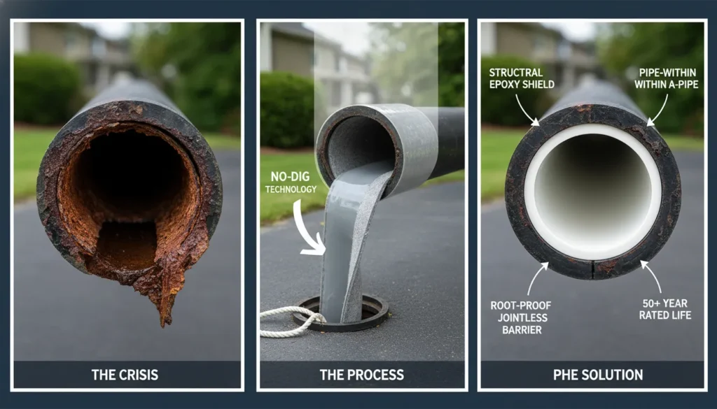 A professional cross-section comparison of a corroded Westchester cast iron sewer pipe next to a newly rehabilitated pipe using CIPP trenchless epoxy lining technology.