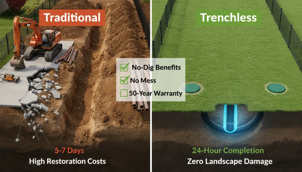 A side-by-side visual comparison of trenchless pipe lining versus traditional excavation repair, showing the difference in property impact, time, and restoration needs.