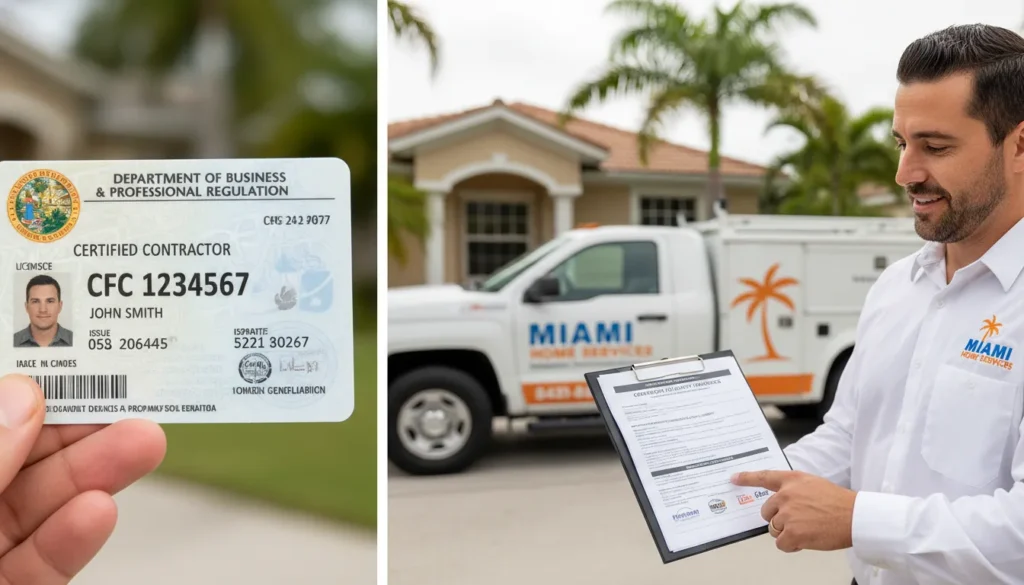 A professional Miami plumber in uniform presenting a physical Florida DBPR license and certificate of insurance to a homeowner for verification.
