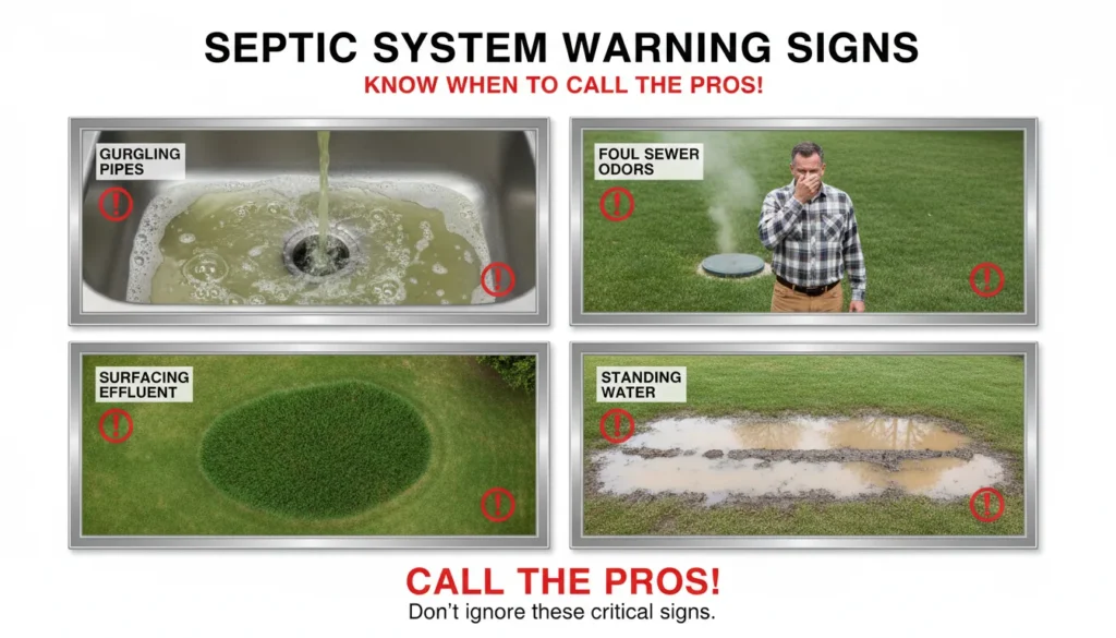 A professional troubleshooting diagram showing common signs of a full septic tank, including slow drains, sewage odors, and unusually green grass patches over the drain field.