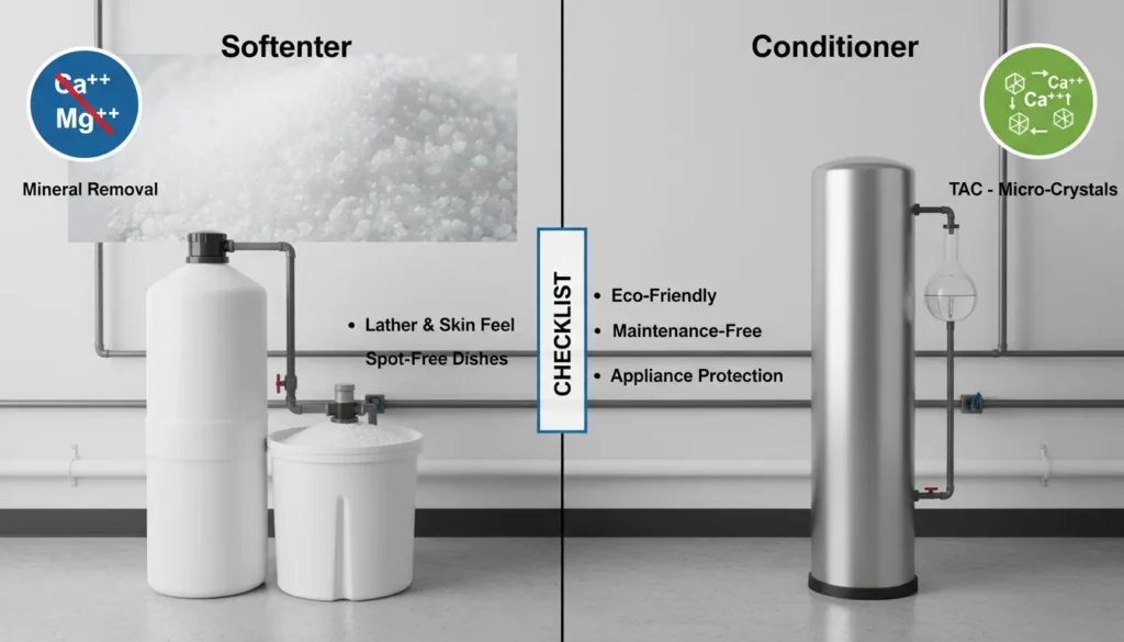 A side-by-side comparison of a salt-based water softener tank and a salt-free water conditioner system, illustrating the functional differences between mineral removal and scale prevention.