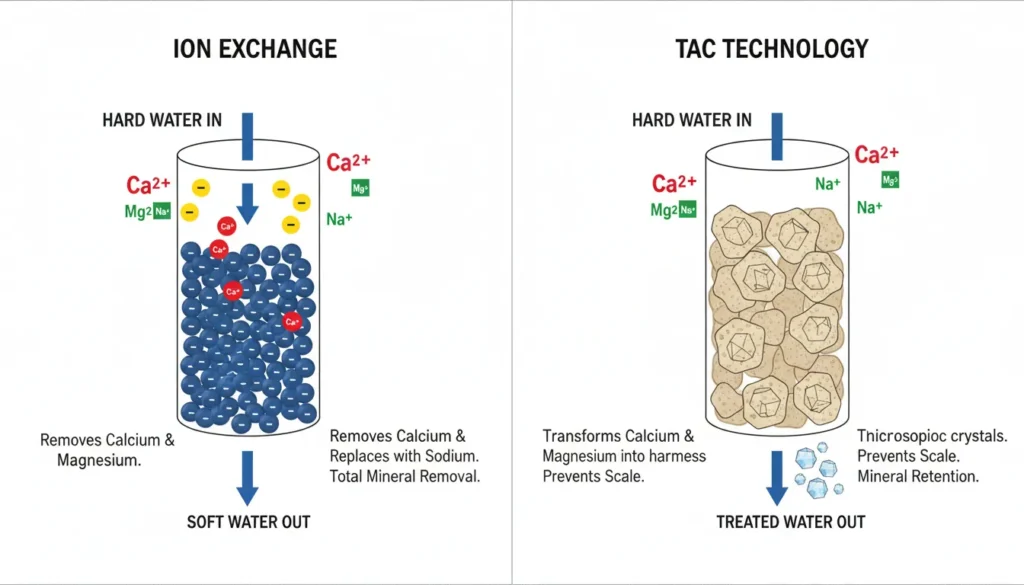 A technical side-by-side comparison diagram showing the chemical process of ion exchange resin beads swapping minerals for sodium versus TAC media transforming dissolved minerals into microscopic crystals.